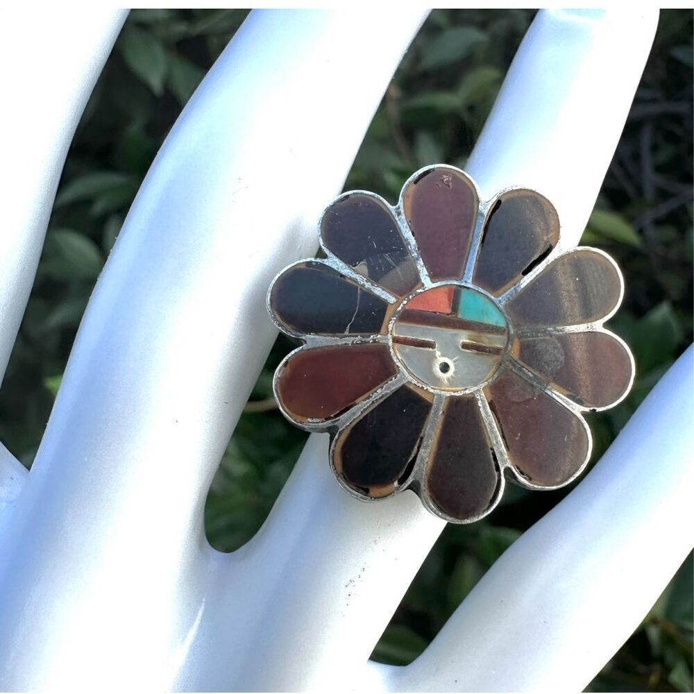 Native American Zuni Multi StoneTurquoise Sun Face  Flower Ring